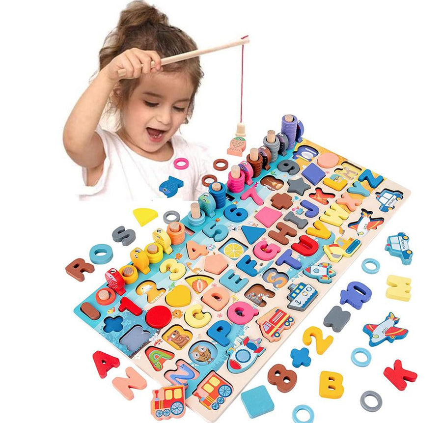 Child playing the magnetic fishing game on the 5-in-1 wooden Montessori learning board