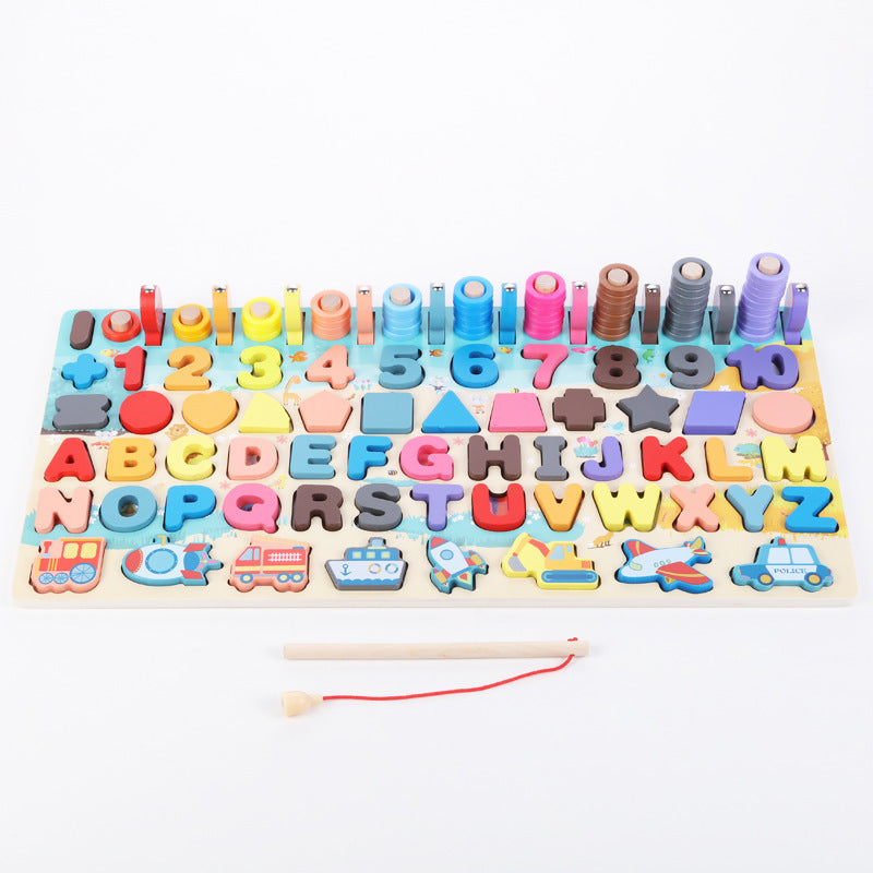 Wooden learning board fully assembled with all pieces in place