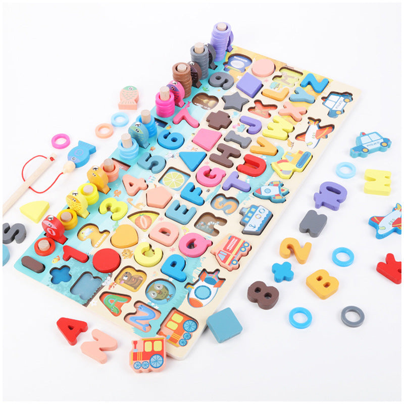 Montessori board with removable letter, number and shape pieces