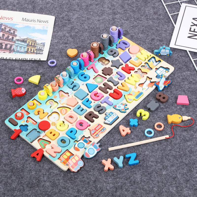 5-in-1 wooden Montessori board with alphabet, numbers, shapes and vehicle pieces