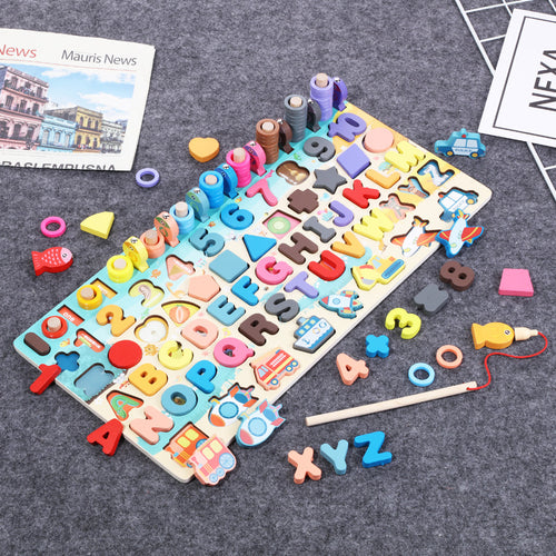 5-in-1 wooden Montessori board with alphabet, numbers, shapes and vehicle pieces