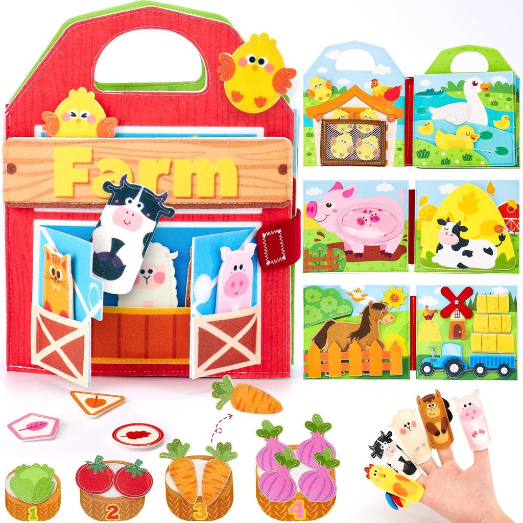 Farm felt busy book shaped like a red barn, with farm pages, felt vegetables and animal finger puppets