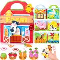 Farm felt busy book shaped like a red barn, with farm pages, felt vegetables and animal finger puppets
