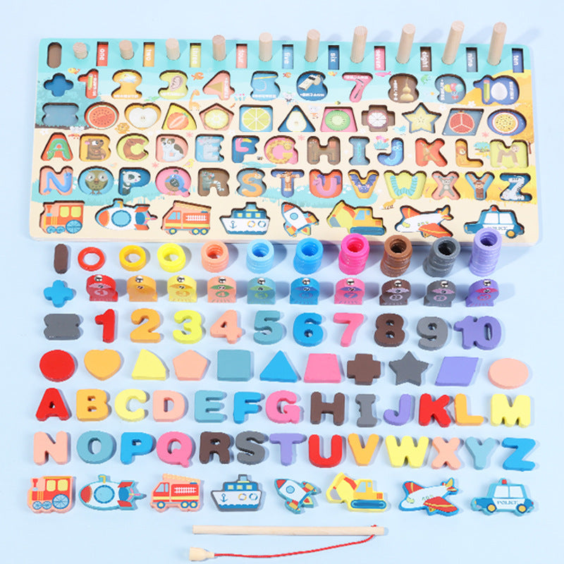 Everything included: board, letters A–Z, numbers 1–10, counting rings, shapes, vehicles and fishing rod