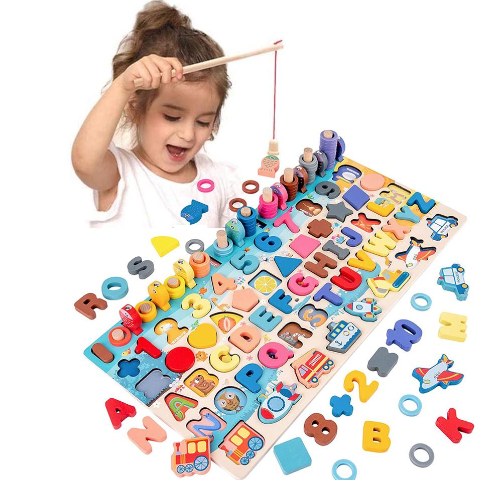 Child playing the magnetic fishing game on the wooden Montessori learning board