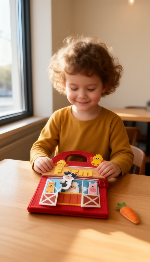 Toddler playing with the red barn farm felt busy book at a table